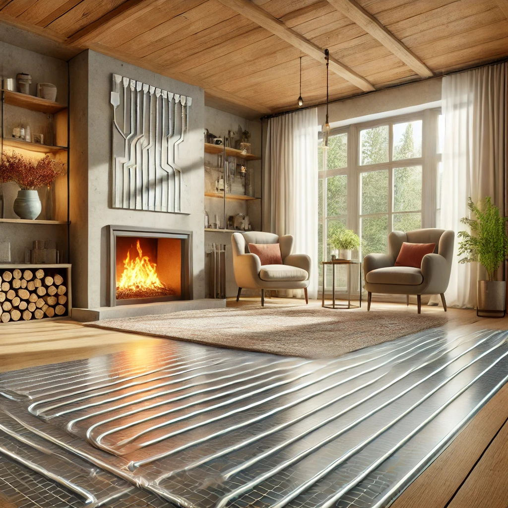Yerden ısıtma konforu - 2024 1 DALL·E 2024 12 01 15.41.04 A cozy modern living room interior with underfloor heating visualization. The floor is semi transparent showing a grid of heating pipes beneath a woo